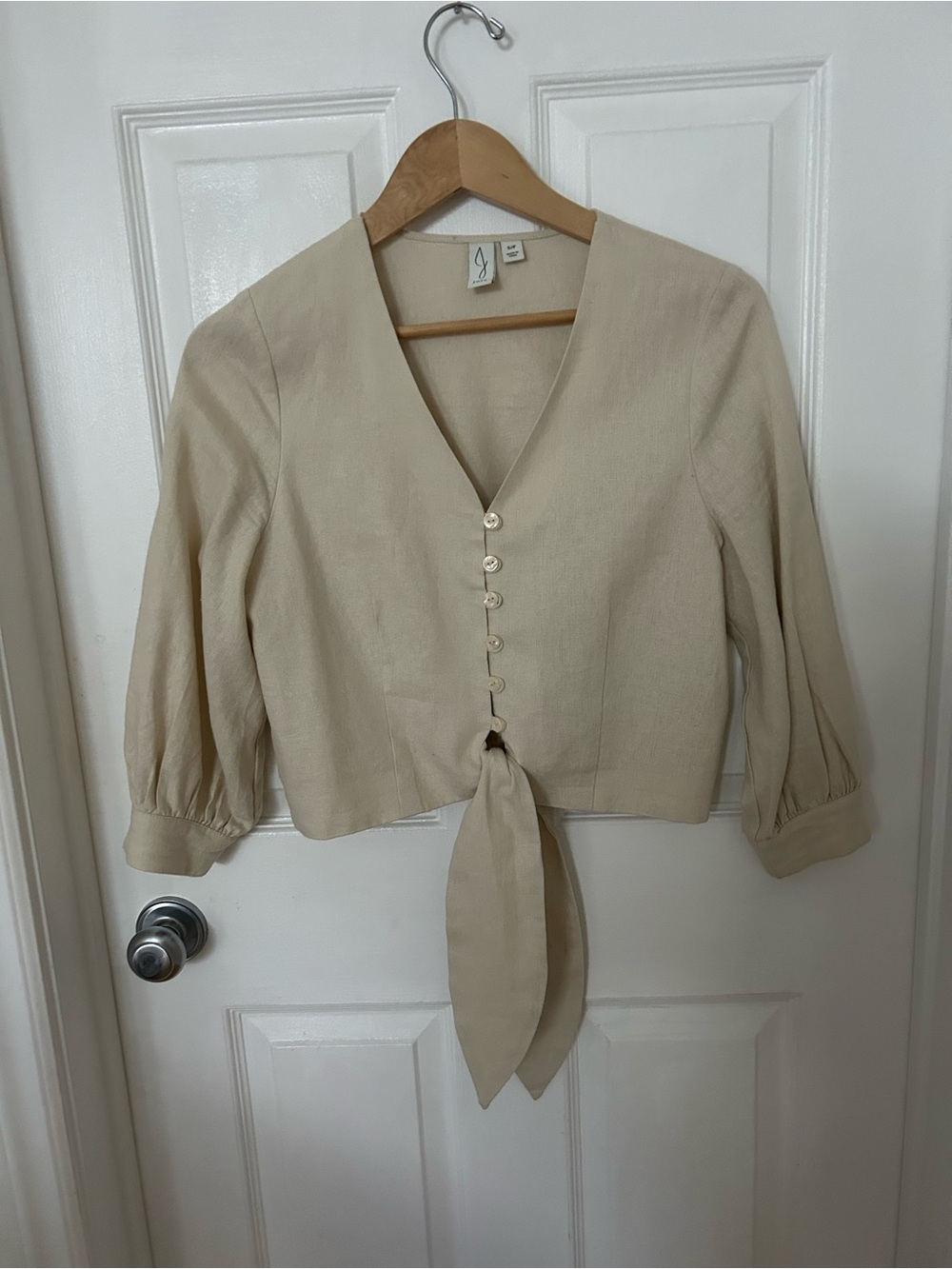 Joie Beige Tie-Front Linen -Blend V-Neck Blouse Size Small